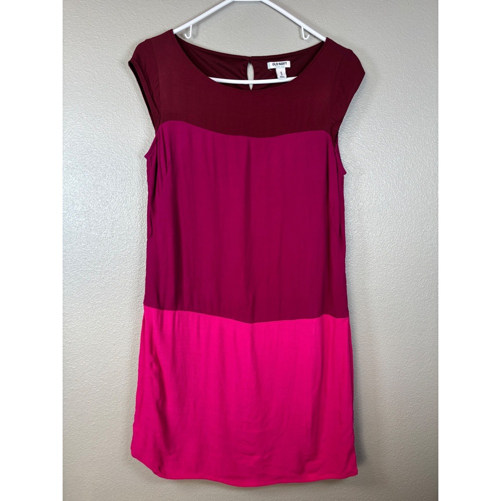 Old Navy Women's Medium Colorblock Shift Dress Burgundy Magenta Pink Cap Sleeve